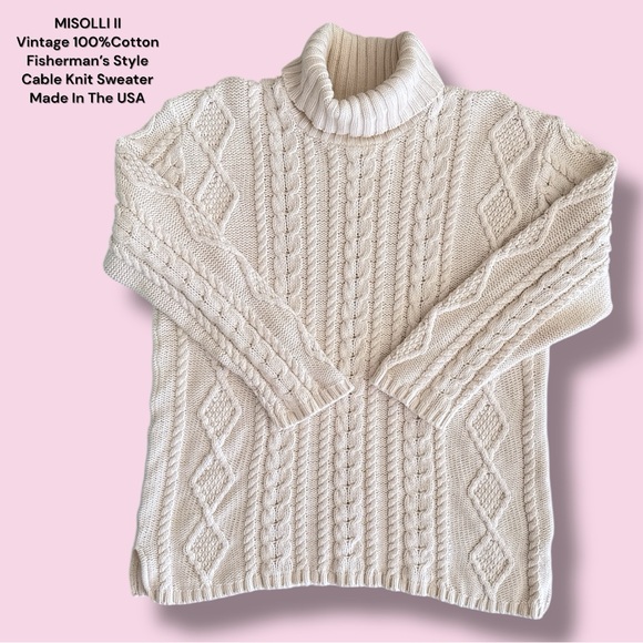 Vintage White 100% Cotton Cable‎ Knit Sweater By MISOLLI II Fisherman Style - Picture 1 of 8